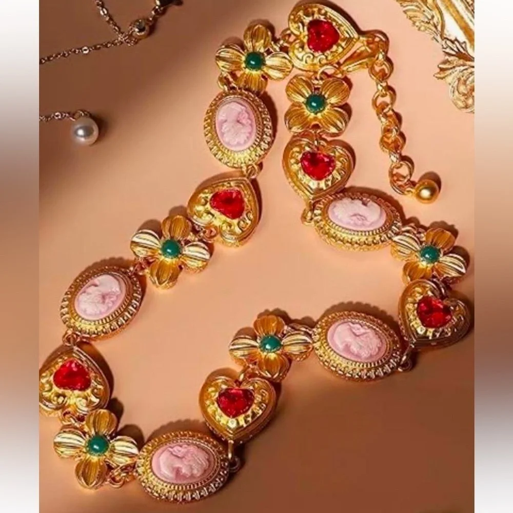 Coquette gold cameo choker style necklace and bracelet set - Picture 1 of 4